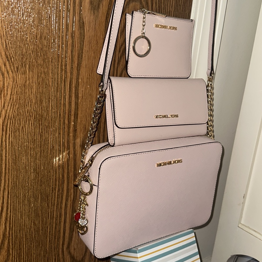 Michael Kors Set Blush Pink Crossbody Bag Wallet Keyholder Keychain - Picture 5 of 14